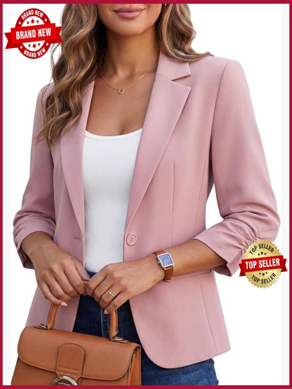Women Blazer 3/4 Ruched Sleeve Slim Fit Work Office Suit Jacket with Pockets